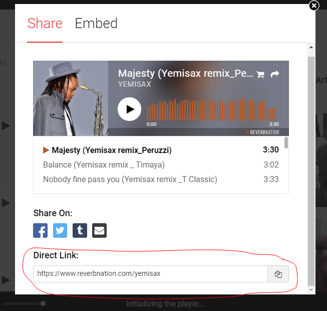 Screenshot of ReverbNation and the correct URL to copy to use the embed block.