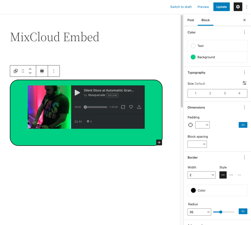 Mixcloud embed wrapped in Group block with customization options