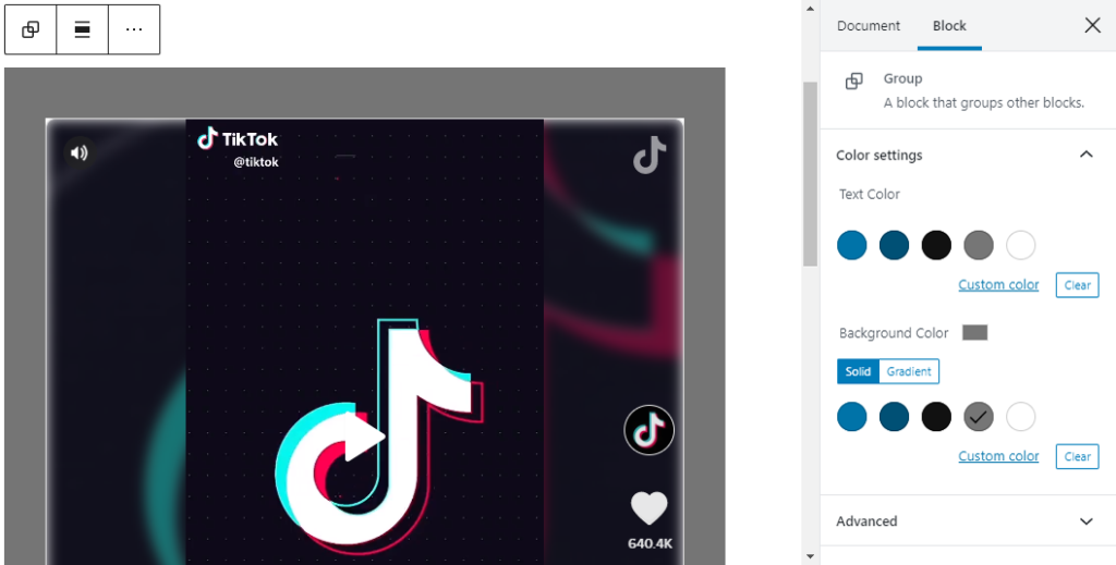 Editor view of a TikTok embed as a group with Color Settings controls