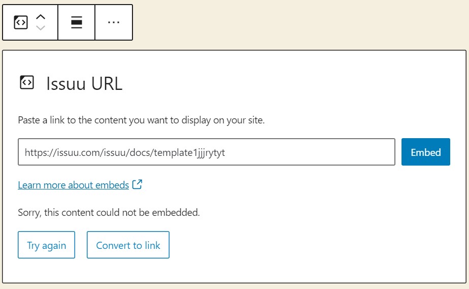 Error is shown when the issuu document cannot be embedded