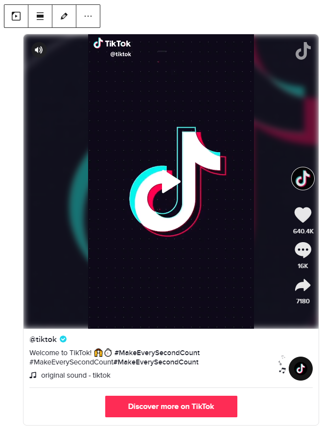 Preview of the embedded TikTok video within the WordPress editor.