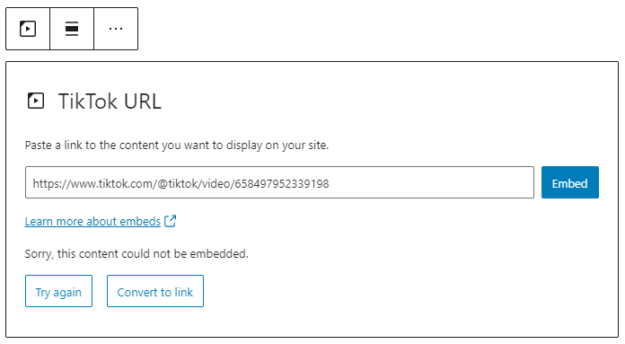 Embed option for the TikTok block to paste the URL.