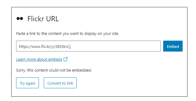 Example of error message for the Flickr block.