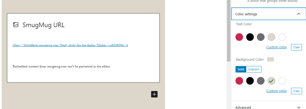 Editor view of an SmugMug Embed as a group with Color Settings controls