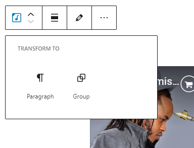 Options to transform the ReverbNation block to Paragraph, Columns or Group.
