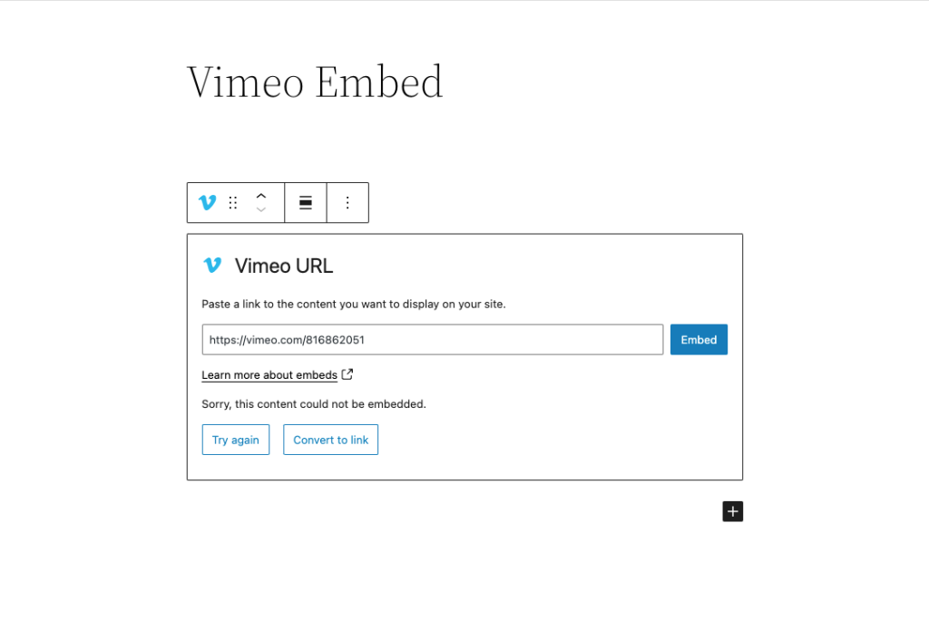 Error message when you cannot embed a URL in the SoundCloud block