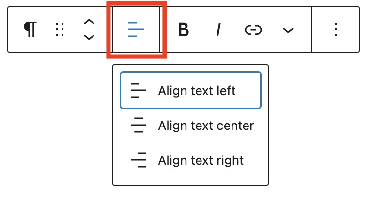 Block Toolbar for the paragraph block with an emphasis on the "change text alignment" drop down options.