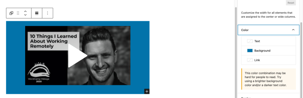 Editor view of a WordPress.tv embed as a group with Color Settings controls