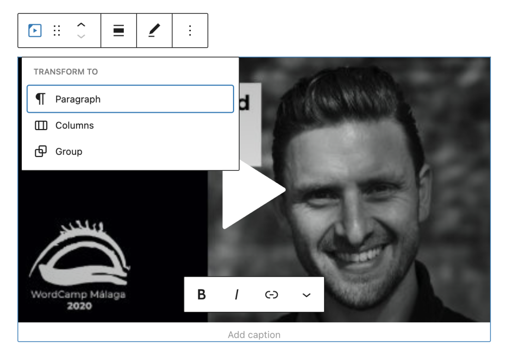 Transform tool in the WordPress.tv block