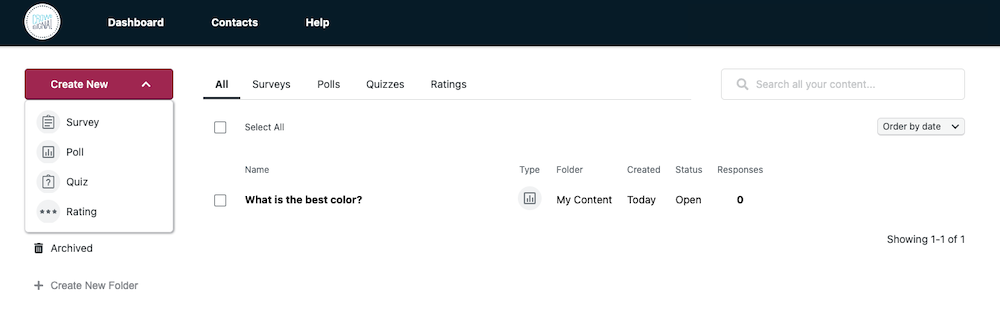 Crowdsignal dashboard to create a survey, poll, quiz or rating.