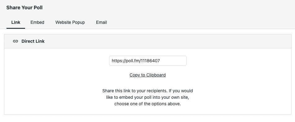 The "Share your Poll" pop up with the link to copy to clipboard.