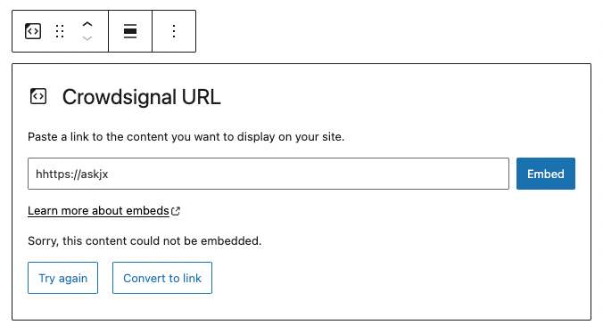 Example of a URL that cannot be embedded. Two options are presented, try again or convert to link.