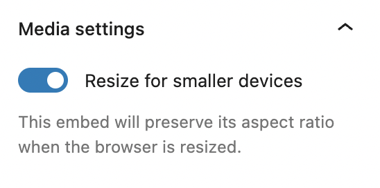 Media settings for the Imgur embed block with the toggle ON for resizing on smaller devices.