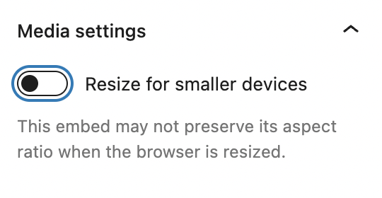 Media settings for the Imgur embed block with the toggle OFF for resizing on smaller devices.