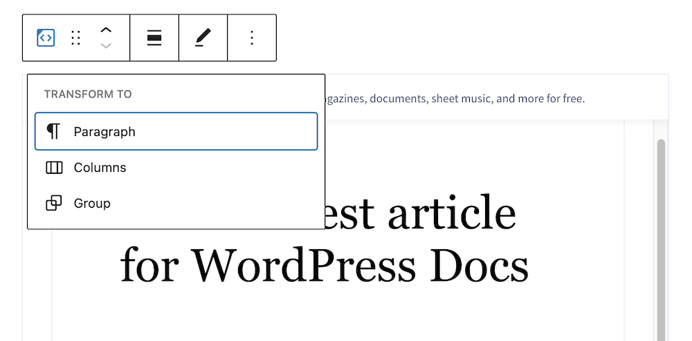 Options to transform the Scribd block to Paragraph, Columns or Group.