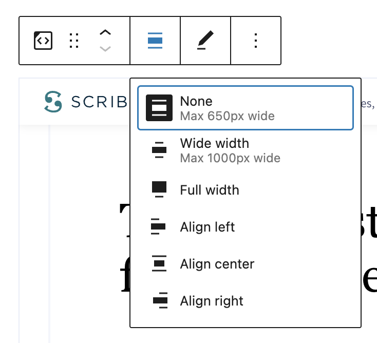 Alignment options for the Scribd block: wide width, full width, align left, align center, and align right.