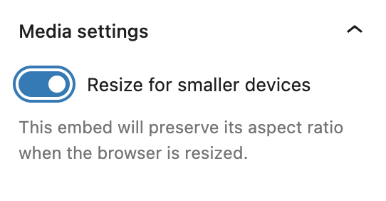 Media settings for the Scribd embed block with the toggle ON for resizing on smaller devices.