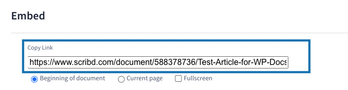 Close up on the embed pop up for the "copy link" option.