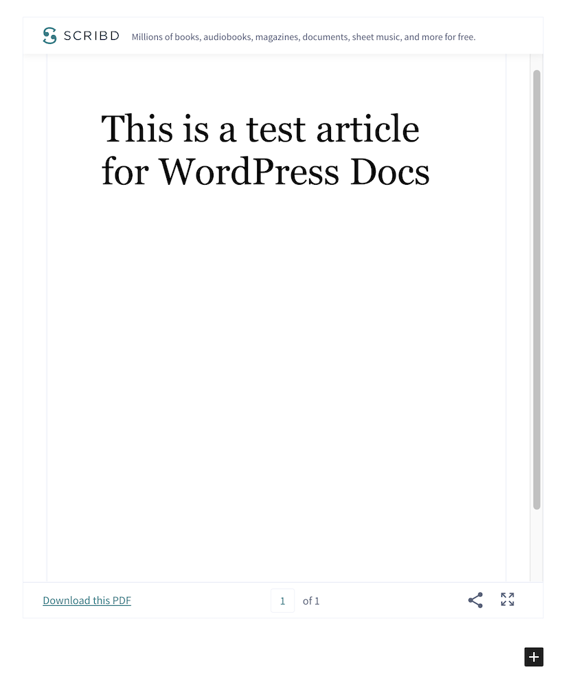 Preview of the embedded Scribd article within the WordPress editor.