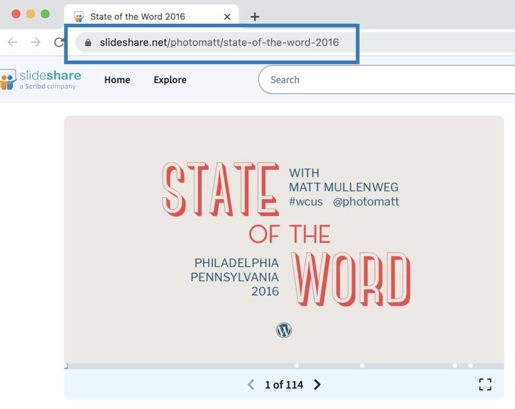 Find the presentation on slideshare.net and copy the presentation URL from the browser bar