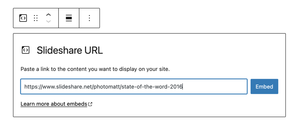 Paste the Slideshare URL from step 1 into the block