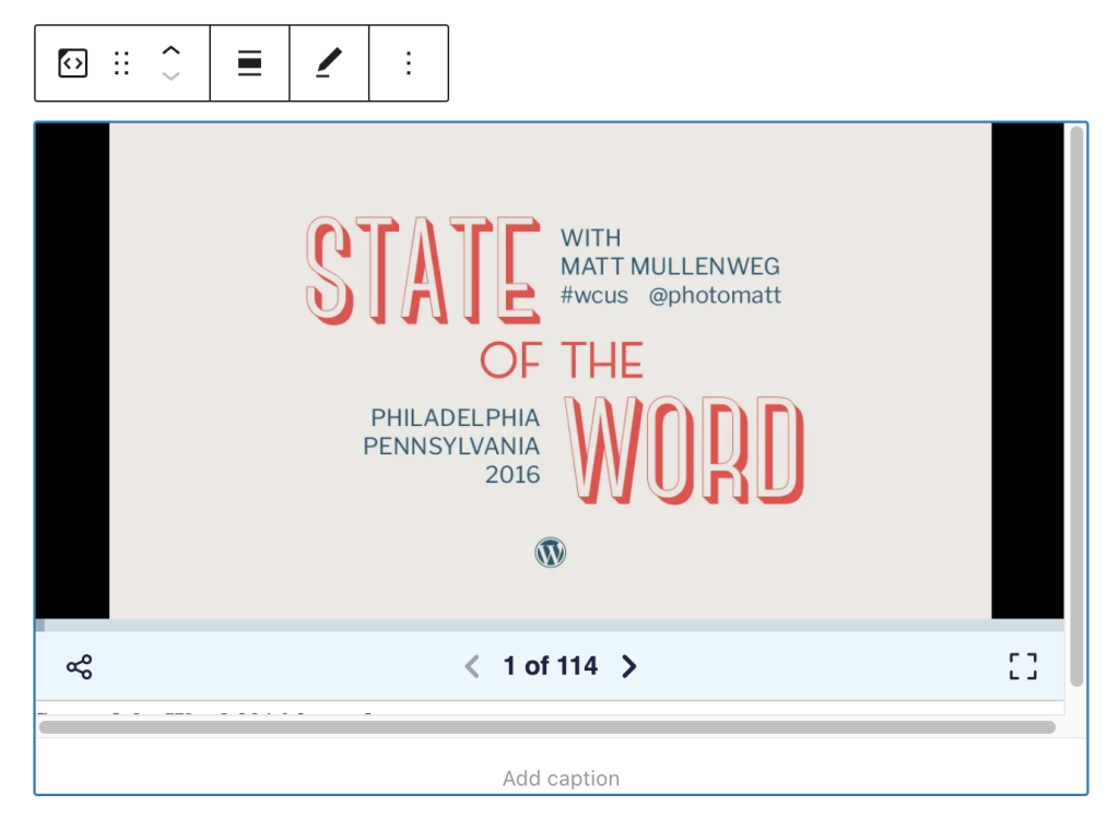 Block toolbar in the Slideshare embed block