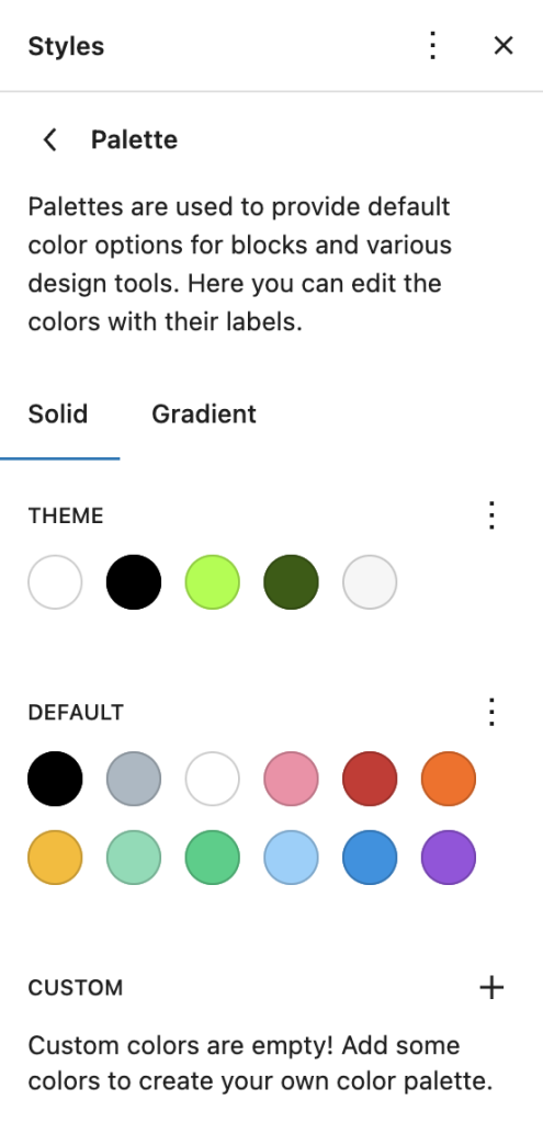 Palette panel under the Color settings in the Styles panel