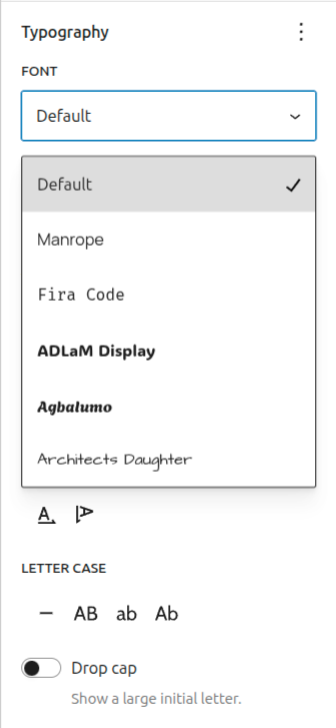 Previews of available fonts based on your theme