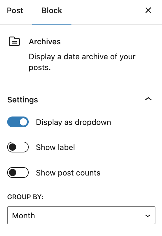 Archive block settings