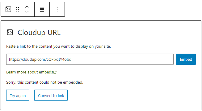Error message when you cannot embed a URL in the Cloudup block