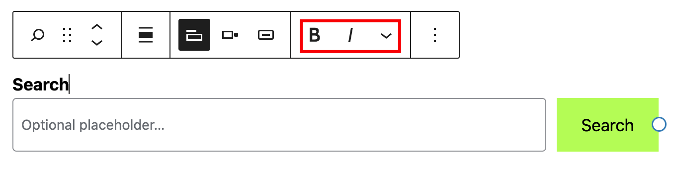 Text formatting options on the search block toolbar