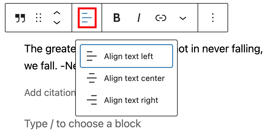 Text alignment tool for the Quote block