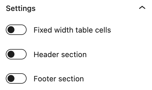 Table block settings options