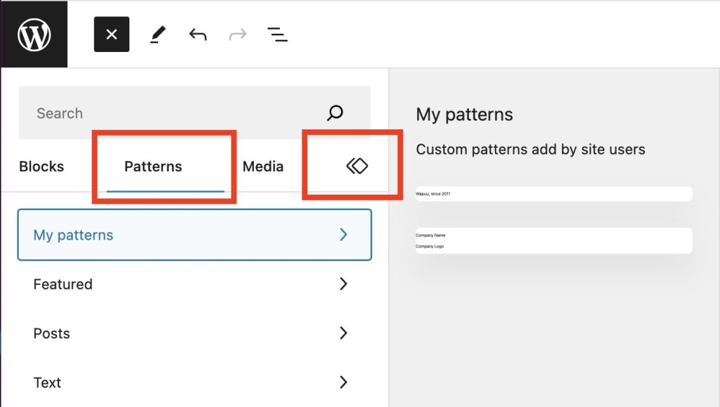 Location of "My Patterns" within the block inserter.