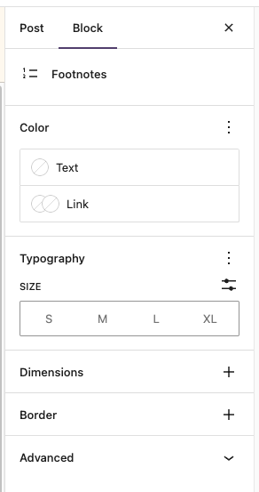 Footnote block settings options