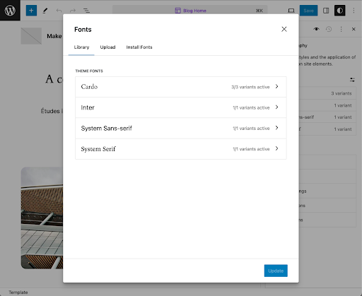 Screenshot of the Manage Fonts panel in the WordPress editor, showing the available theme fonts. The panel has tabs for Library, Upload, and Install Fonts, with the Library tab selected.