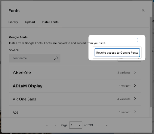 Screenshot of the Install Fonts tab in the WordPress Manage Fonts panel, showing a dropdown menu with the option to Revoke access to Google Fonts. The menu is accessed through the three-dot button in the upper right.