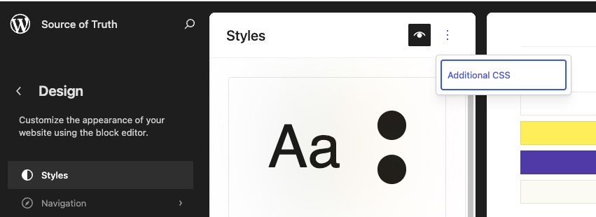 additional CSS controls have moved to the ellipsis menu in the header of the Styles page.