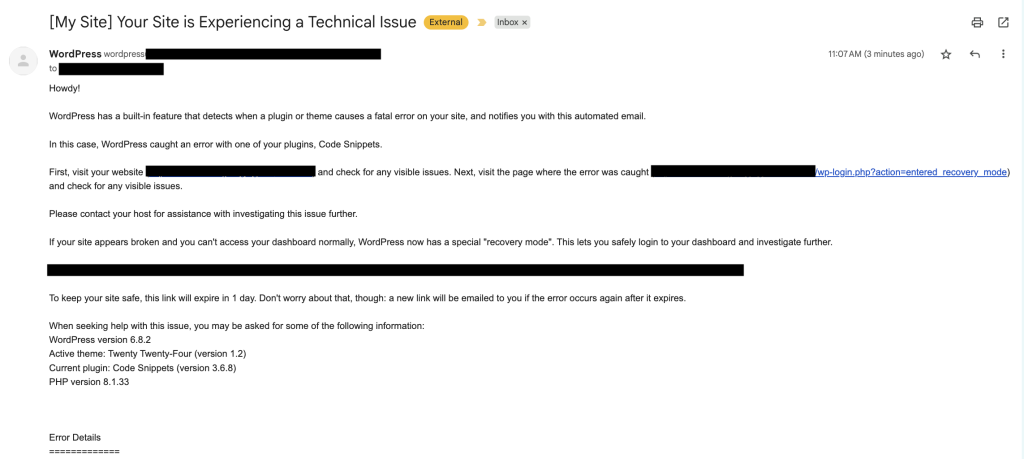 A text of an email one would receive when recovery mode starts, with various identifying information blocked out.