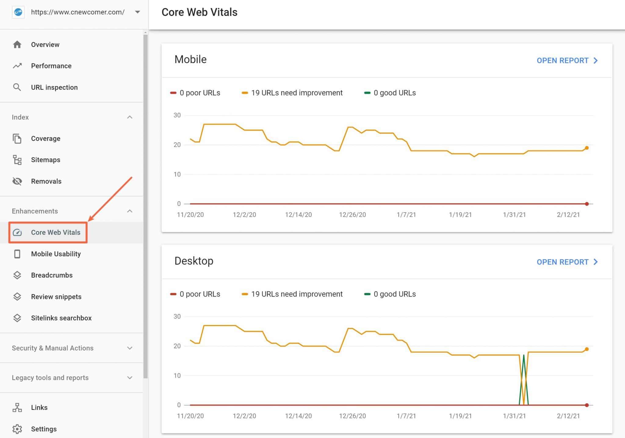 Core Web Vitals report in Search Console