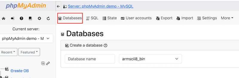 Open the Databases tab – Source: phpMyAdmin