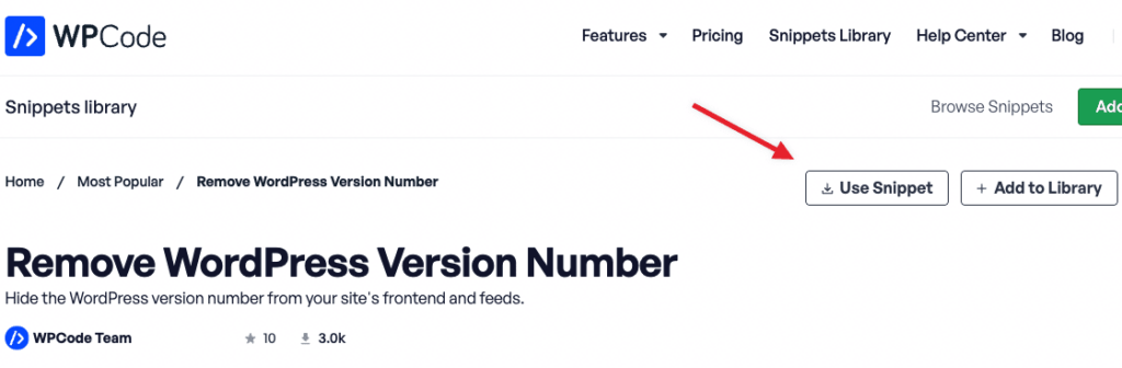 "Use Snippet" button on the WPCode Library site