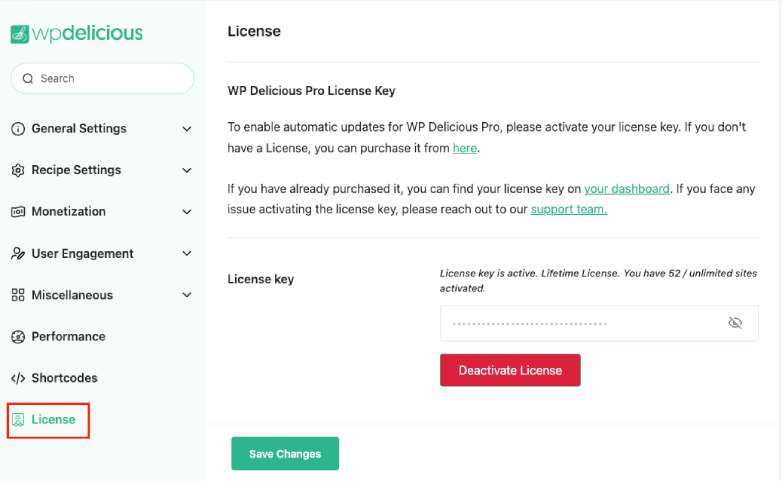 license setting in WP Delicious