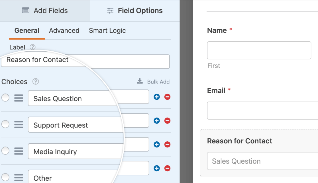 A Dropdown field labeled "Reason for Contact" with the options "Sales Question," "Support Request," "Media Inquiry," and "Other"