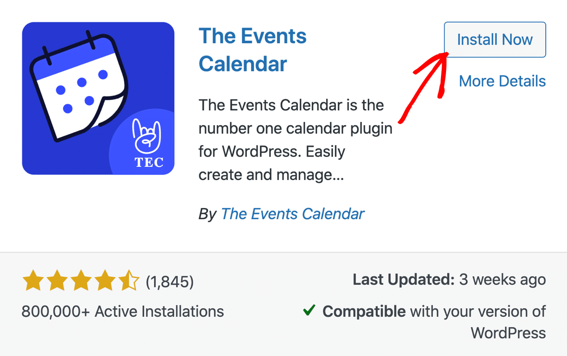Install The Events Calendar plugin - WPForms Instalar el plugin Calendario de eventos