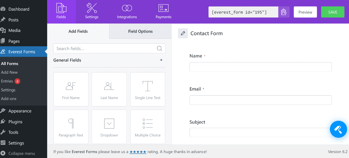 Everest Forms User Interface - WPForms Interfaz de usuario de Everest Forms