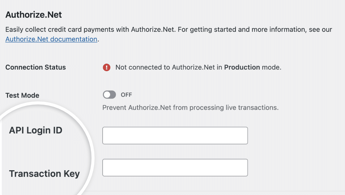 The Authorize.Net settings for WPForms