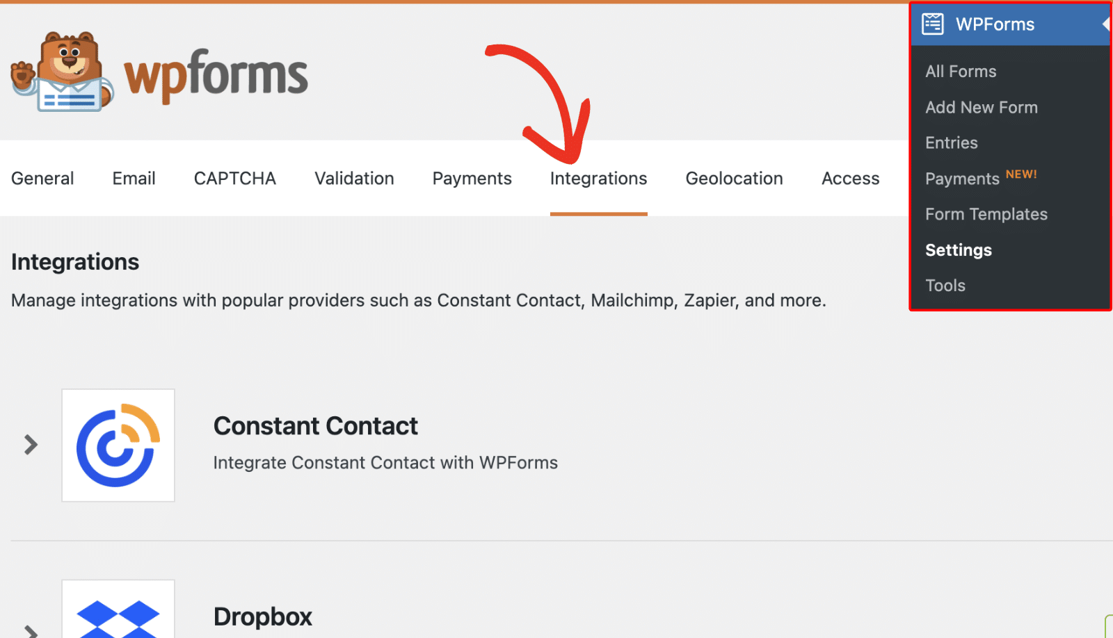 Registerkarte WPForms-Integrationen