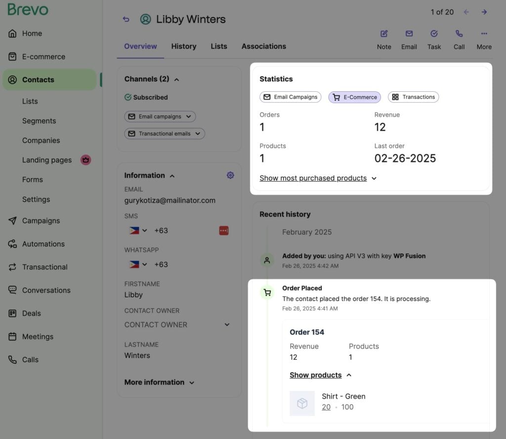 screenshot of a contact profile in brevo. the main section provides enhanced ecommerce insights, featuring statistics and recent history with orders for green shirt and interactions from february 2023. the user friendly interface includes navigation menus on the left.