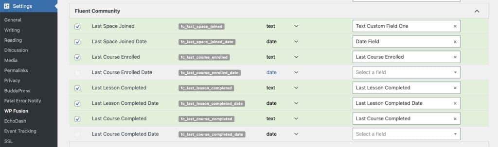 Screenshot of WP Fusion's FluentCommunity settings